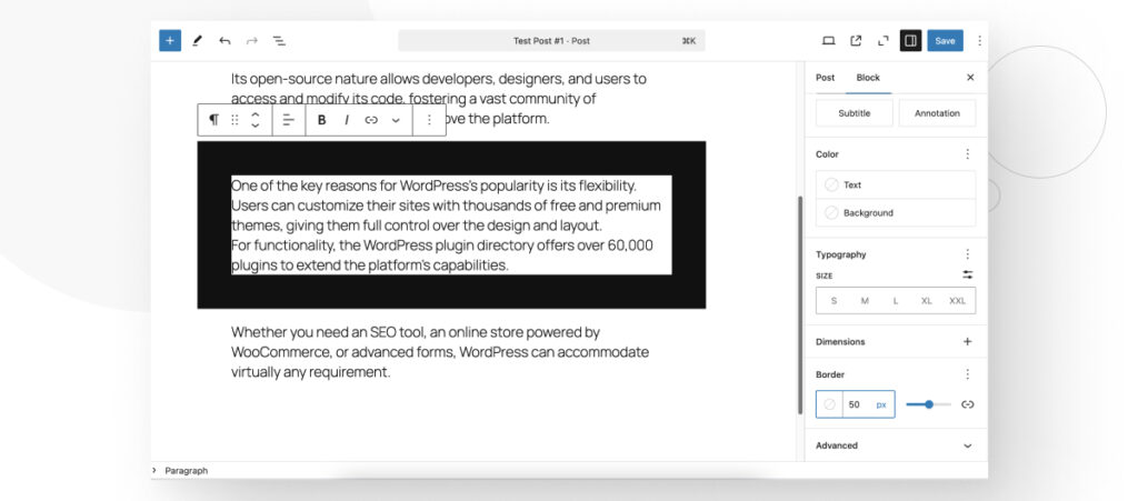 The WordPress Gutenberg editor. The user is editing a block's border settings