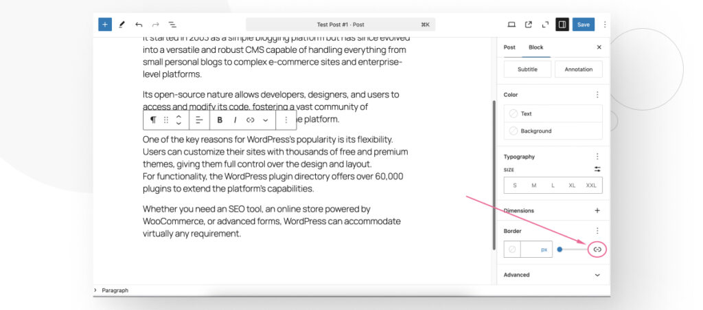 The WordPress Gutenberg editor. The user is editing a block's border settings to make each border independent of each other