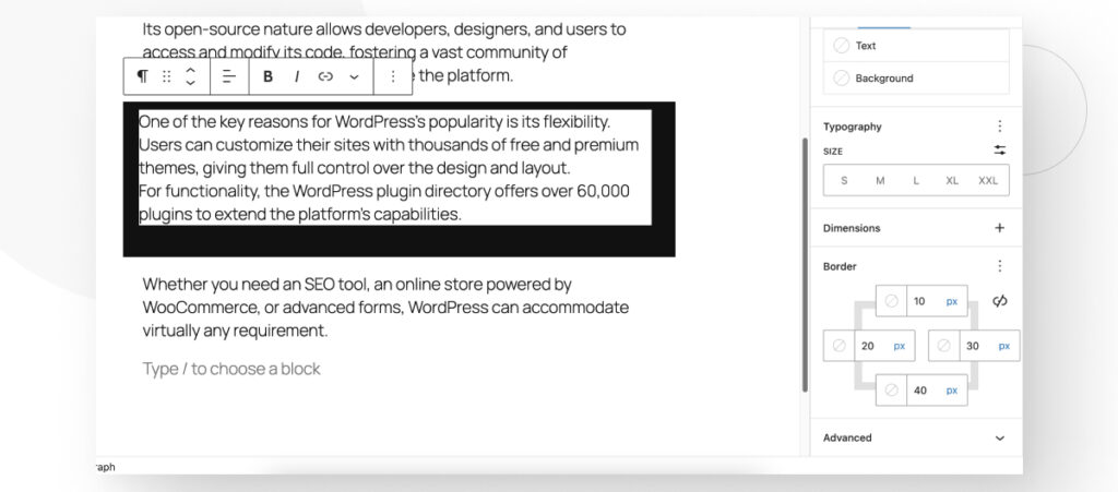 El editor Gutenberg de WordPress. El usuario está editando las configuraciones de borde de un bloque para hacer que cada borde sea independiente