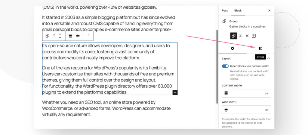 El editor Gutenberg de WordPress. El usuario está editando la configuración de estilos de un grupo de bloques