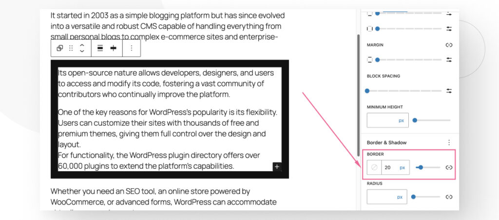 The WordPress Gutenberg editor. The user is editing a block group's border settings