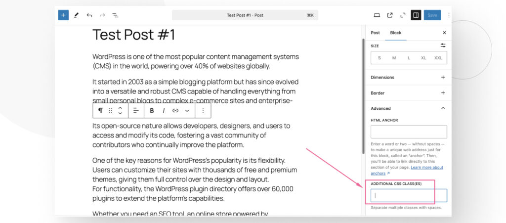 The WordPress Gutenberg editor. The user is browsing the block settings sidebar to assign a custom HTML class to a block