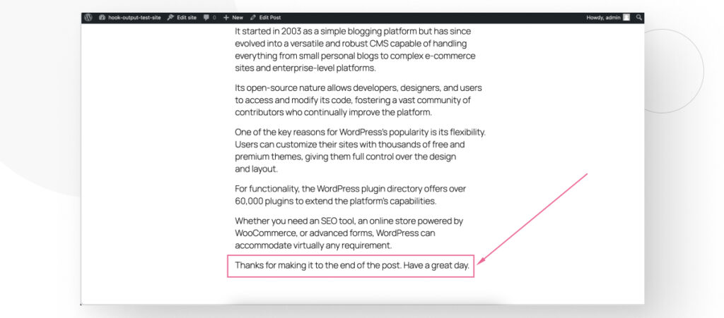 A WordPress post with a dynamically generated goodbye paragraph at the end