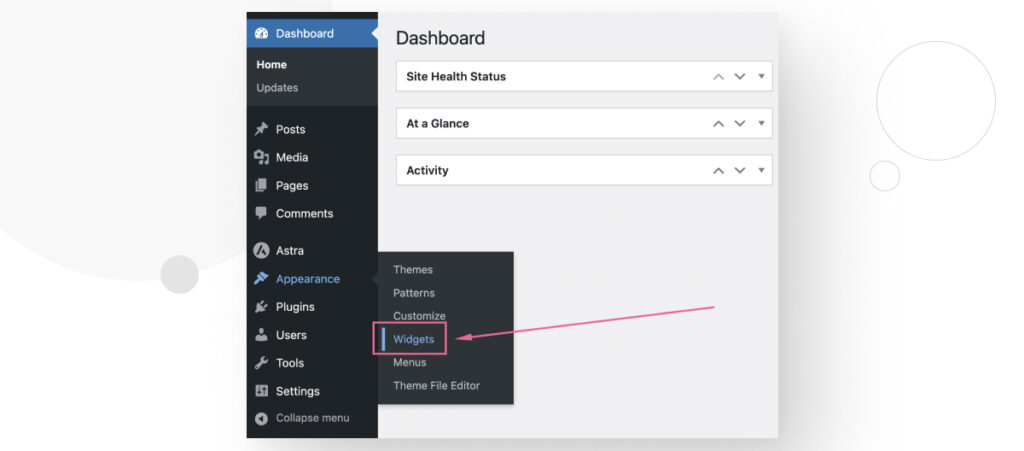 the WordPress admin dashboard. The user is accessing the "Widgets" sections inside the "Appearance" menu