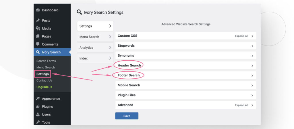 Las configuraciones del plugin Ivory Search en el panel de administración de WordPress