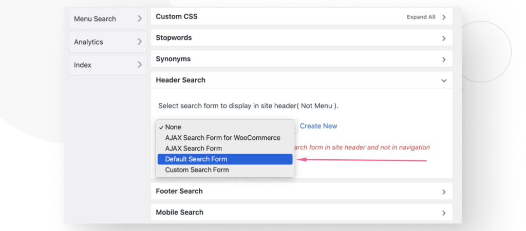 The Ivory Search plugin's settings in the WordPress admin dashboard. The user is selecting a search bar to appear in the site's header