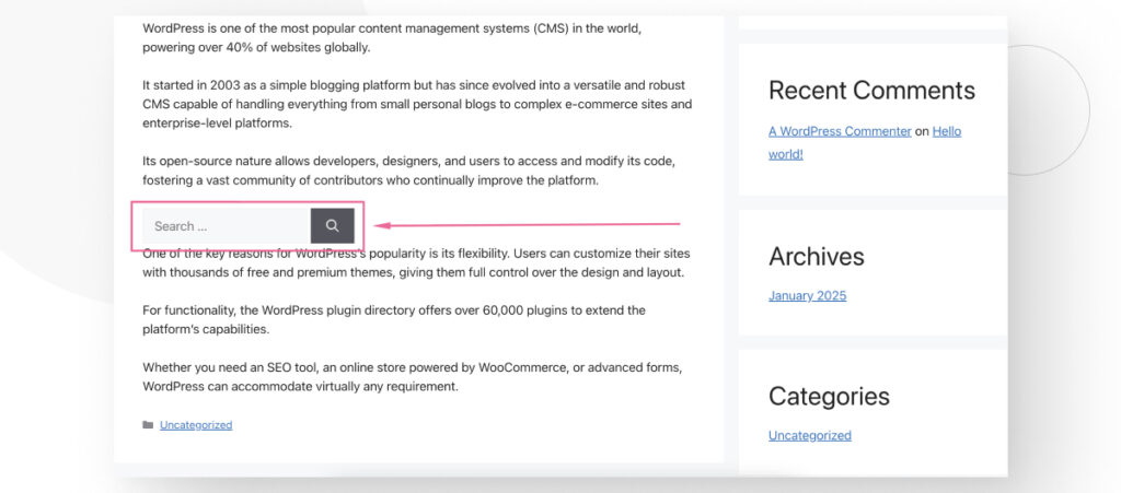Una barra de búsqueda en el medio de un blog de WordPress