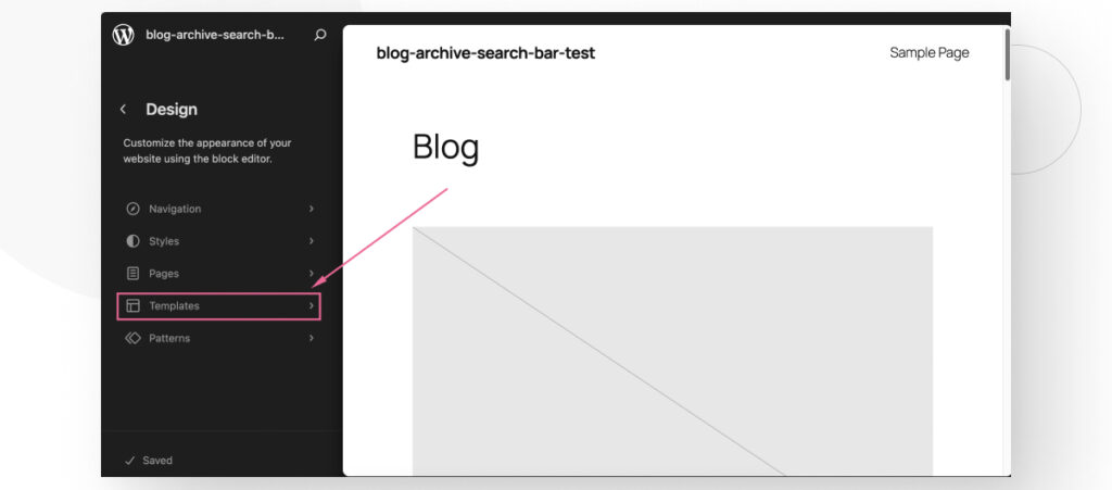 La función del Editor del Sitio en WordPress. El usuario está accediendo a las plantillas del sitio