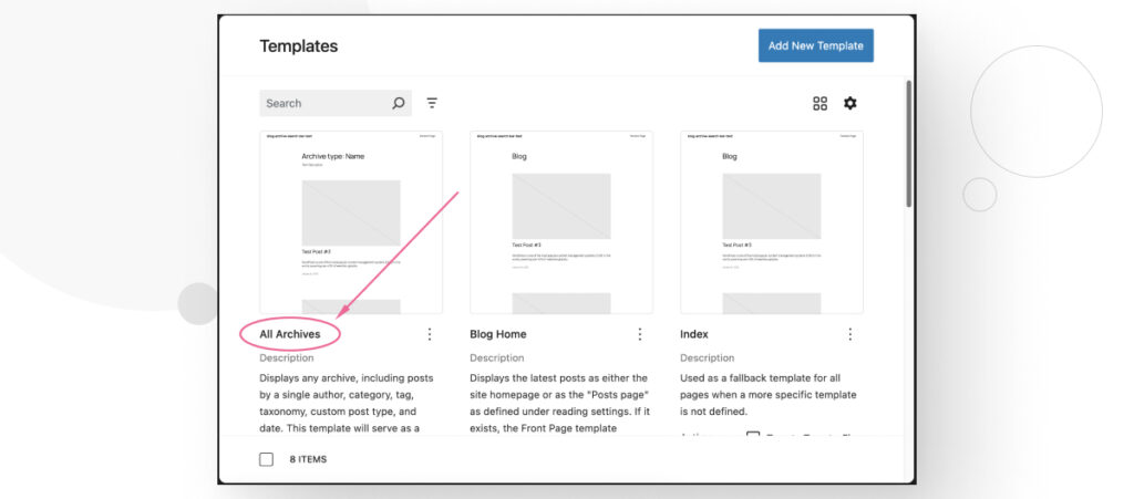 La función del Editor del Sitio en WordPress. El usuario está accediendo a la plantilla para todas las páginas de archivo