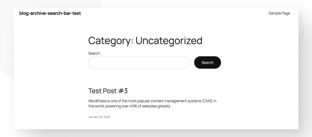 A WordPress blog archive page with a search bar below the main heading