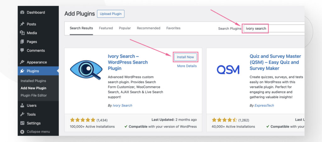 the WordPress admin dashboard. The user is searching for the plugin "Ivory Search"
