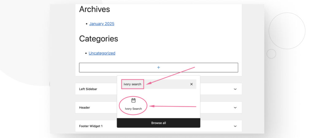 el menú "Widgets" de WordPress en el panel de administración. El usuario está añadiendo el bloque "Ivory Search" a la barra lateral del sitio