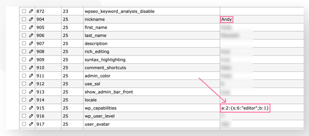 The elements of the WordPress database's wp_usermeta table