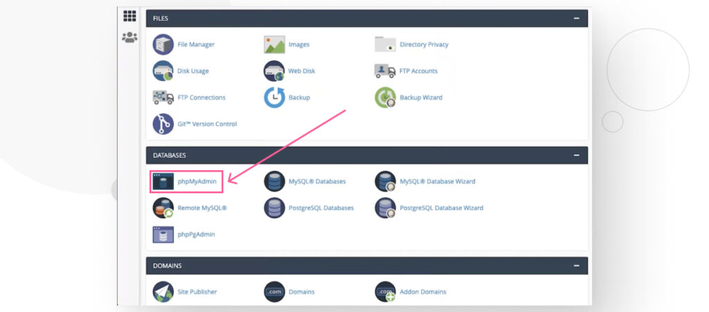 cPanel's main interface, showing the various features the platform provides