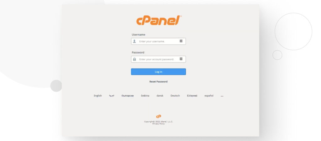 Pantalla de inicio de sesión de cPanel