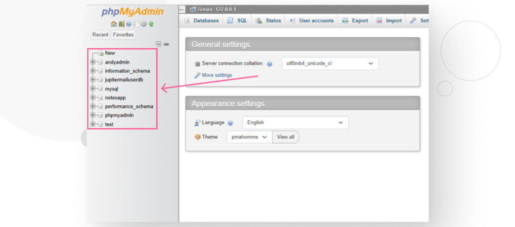 phpMyAdmin's main interface, showing the various databases in the server